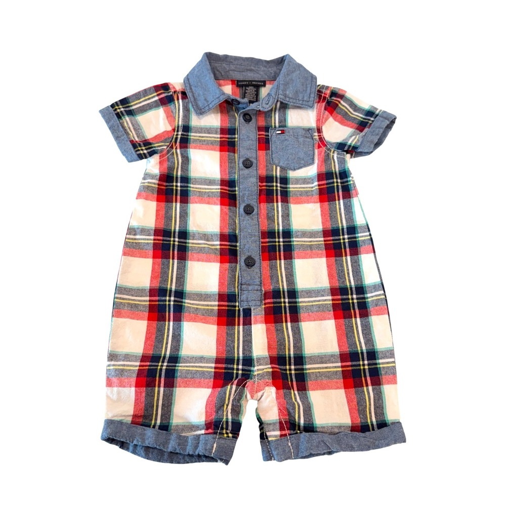 Tommy Hilfiger Boys Plaid Romper 12 month Cotton Short Sleeve Shortalls Preppy